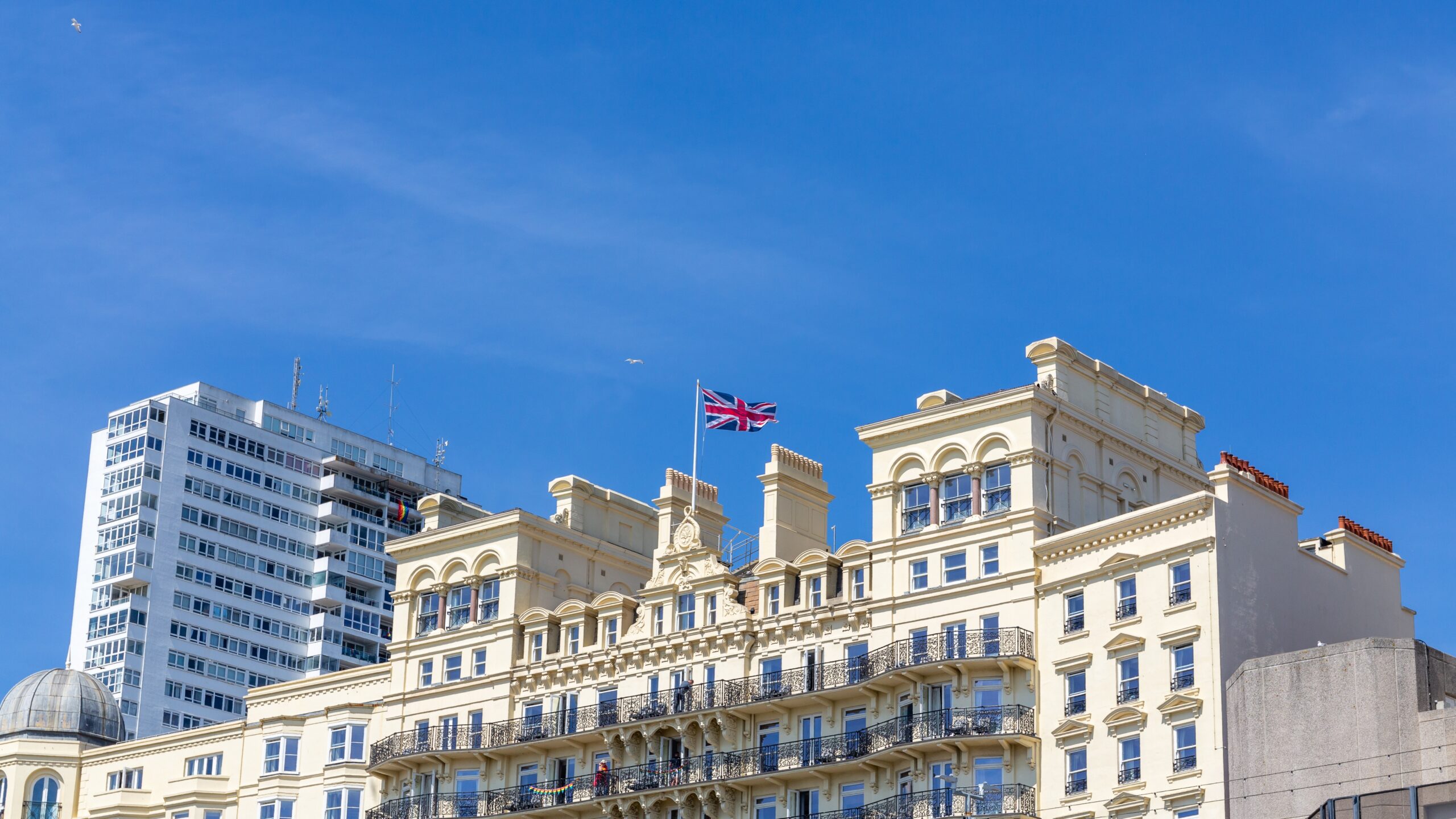 Hotel in Brighton with blue skies in the background